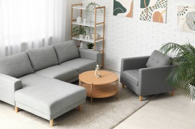 Rahat kanepesi, koltuğu, raf ünitesi ve sehpası olan şık bir oturma odası.