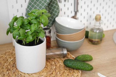 Mutfaktaki masada taze fesleğen var.