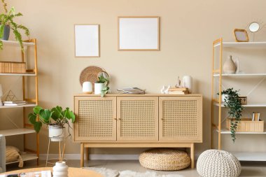 Klozet, boş çerçeve ve bitkilerle dolu oturma odasının içi