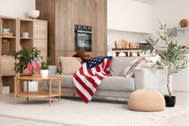 Gri kanepe, kahve masası ve Amerikan bayraklarıyla oturma odasının içinde.