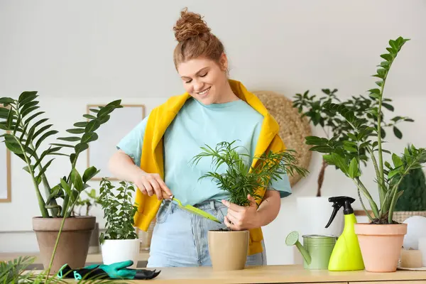 Evde yeşil bitkilerle ilgilenen genç bir kadın.