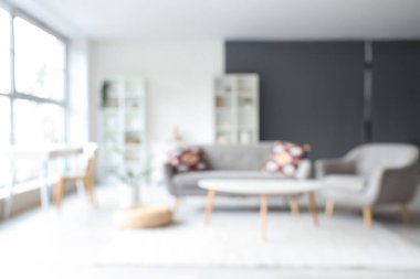 Gri kanepe, koltuk ve raf üniteleriyle oturma odasının bulanık görüntüsü