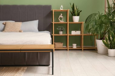 Şık modern yatak odası, temiz yatak odası, raf ünitesi ve ev bitkileri.