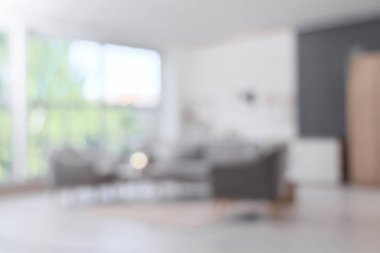 Gri kanepeli ve koltuklu oturma odasının bulanık görüntüsü