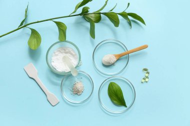 Mavi arka planda doğal kozmetik ürünleri hazırlamak için bitkiler ve malzemelerle dolu petri kapları