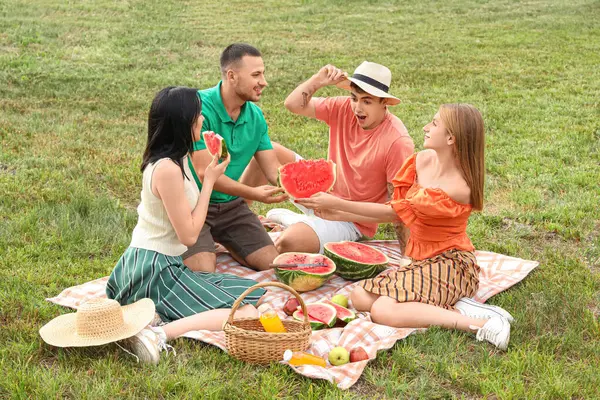 Parkta piknikte karpuz kesen genç arkadaşlar