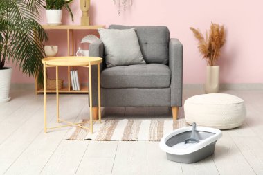 Oturma odasındaki kedi için plastik çöp kutusu.
