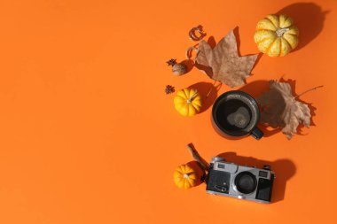 Bir fincan lezzetli balkabağı kahvesi, sonbahar süslemeleri ve turuncu arka planda kamera.