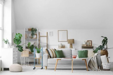 Konforlu kanepe, kahve masası, oturma odasının iç tarafındaki çekmeceler ve bitkiler.