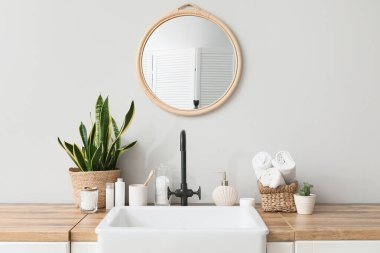 Lavabo, ev bitkileri ve banyo aksesuarları banyoda beyaz duvarın yanında.