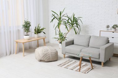 Kanepe, kahve masası ve oturma odasının iç tarafındaki çiçekli bank.