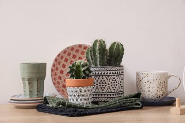 Mutfakta farklı temiz tabaklar ve kaktüsler var.