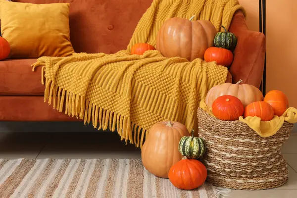 Oturma odasındaki turuncu kanepenin yanında farklı balkabağı ve battaniyeyle hasır sepet.