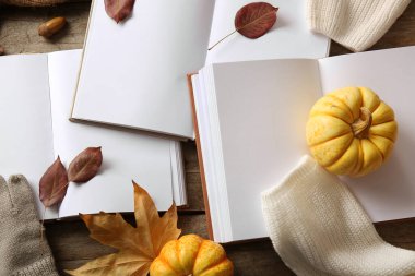 Ahşap zemin üzerinde boş kitap, kıyafet, balkabağı ve sonbahar yaprakları olan kompozisyon, yakın plan