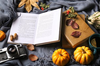 Sonbahar yapraklı kitaplar, balkabakları ve rahat ekoseli bir fincan çay.