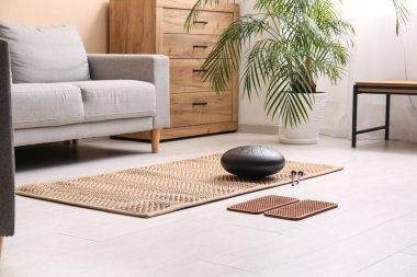 Oturma odasında yerde glukofon olan Sadhu tahtası.