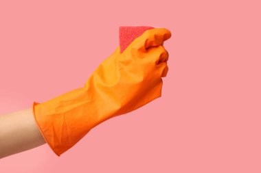 Pembe arka planda süngeri olan bir kadın eli. Küf temizleme kavramı