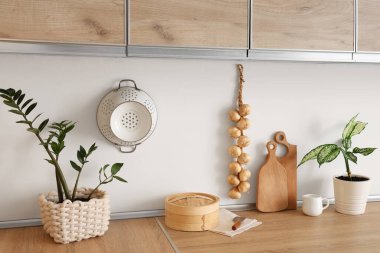 Ev bitkileri ve mutfak masasındaki kesim tahtaları.