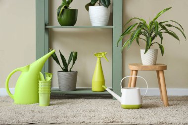 Odanın içinde raf ünitesi, yeşil bitkiler ve bahçe aletleri var.