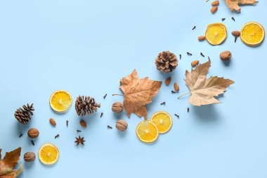 Fındıklı, karanfilli, düşmüş yapraklı, kurumuş portakal dilimli ve arka planda çam kozalaklı kompozisyon
