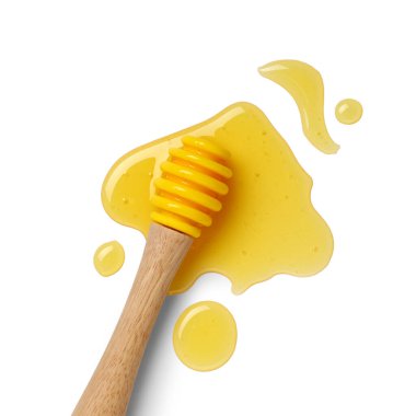 Tatlı bal ve dipper döküldü beyaz arka planda izole