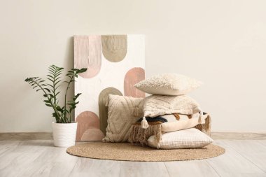 Dekoratif yastıklar. Odadaki ışık duvarının yanındaki halının üzerinde bitki ve boya var.