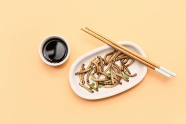 Kızarmış kurtlu tabak ve turuncu arka planda soya sosu.