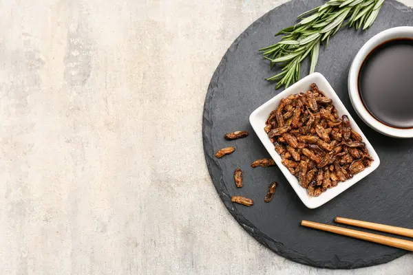 Gri arka planda biberiye ve soya soslu bir kase kızarmış böcek.
