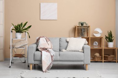 Gri kanepesi, merdiveni ve raf ünitesi olan şık bir oda.