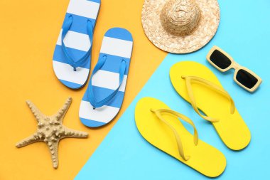 Flip terlikli, güneş gözlüklü ve arka planda deniz yıldızı olan hasır şapka. Yaz konsepti