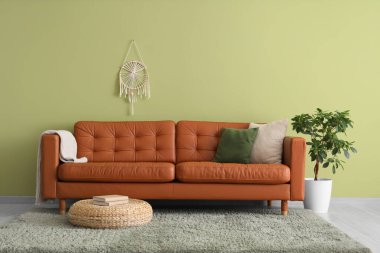 Yeşil duvarın yanında şık deri kanepe, kanepe ve çiçek olan oturma odasının içinde.