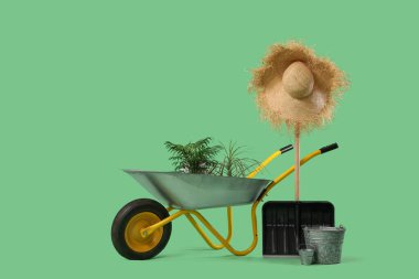 Bahçe malzemeleri ve yeşil arka planda ev bitkileri olan el arabası.