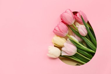 Güzel lale çiçekleri pembe kağıttaki yumurta şeklindeki delikten görülebilir.