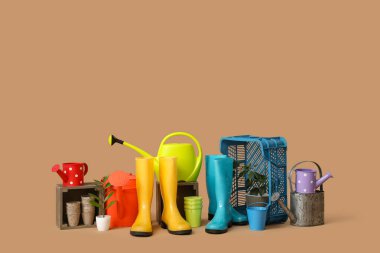 Bahçe malzemeleri, lastik botlar ve bej arka planda bitkiler.