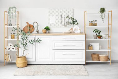 Beyaz tezgahları, ev bitkileri ve raf üniteleri olan şık bir mutfak.