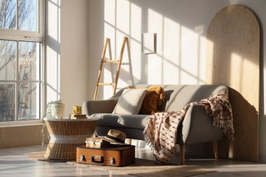 İçinde kanepe, klasik bavul ve masa olan aydınlık oturma odasının içi.