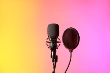 Renkli arka planda profesyonel mikrofonun yanında dur