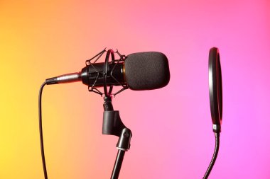Renkli arka planda profesyonel mikrofonun yanında dur