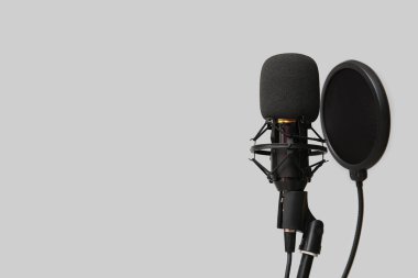 Hafif arkaplanda profesyonel mikrofonun yanında dur