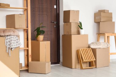 Koridorun içinde raf ünitesi, ev bitkileri ve kapının yanında bir sürü paket var.