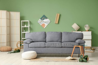 Gri kanepe, kahve masası ve deprem sonrası altüst olmuş çiçeklerle dolu dağınık bir oturma odası.