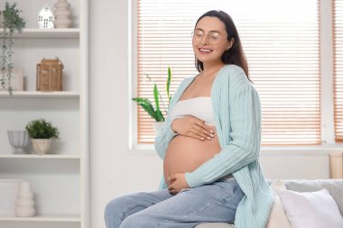 Evdeki kanepede oturan hamile bir kadın.
