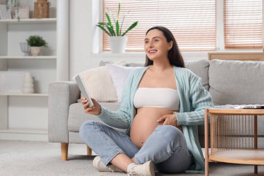 Evde tablet bilgisayar kullanan hamile bir kadın.