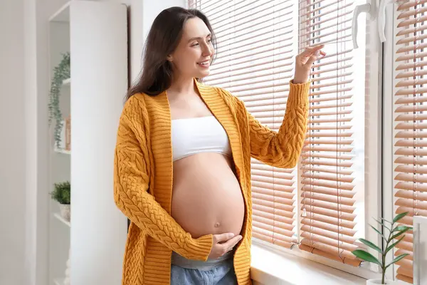 Evdeki perdelerden içeri bakan hamile bir kadın.