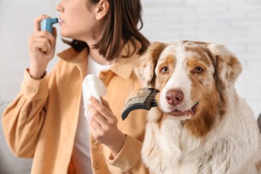 Evde astım spreyi kullanan kürke alerjisi olan köpek ve genç kadın.