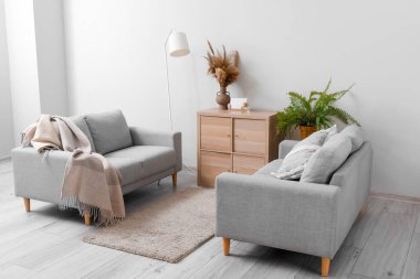 Şık gri koltuklar, raf ünitesi ve lamba oturma odasındaki ışık duvarının yanında.