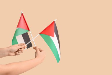 Bej arka planda Filistin bayrakları olan kadın elleri