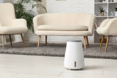 Modern nemlendirici, şık oturma odasındaki beyaz kanepenin yanında.