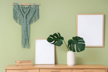 Yeşil duvarın yanındaki ahşap dolapta canavar yaprakları, kitaplar ve çerçeve var.