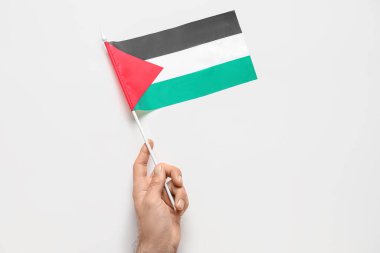 Beyaz arka planda Filistin bayrağı taşıyan erkek el.